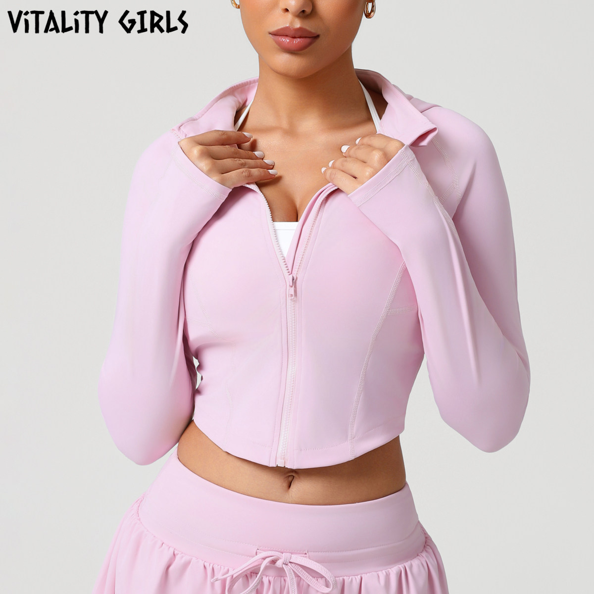 Vitality Girls短款连帽运动外套女裸感速干修身立领健身长袖开衫