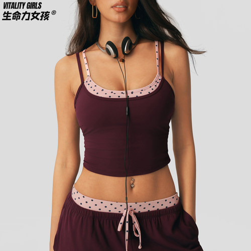 生命力女孩 假两件运动背心女带胸垫修身吊带细肩带波点外穿瑜伽