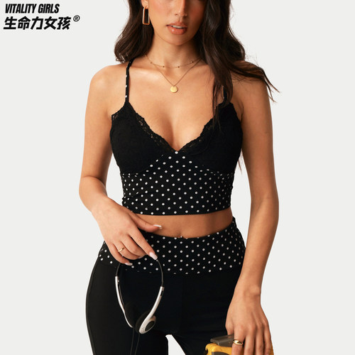 生命力女孩瑜伽背心女带胸垫蕾丝波点短款露腰速干运动内衣普拉提