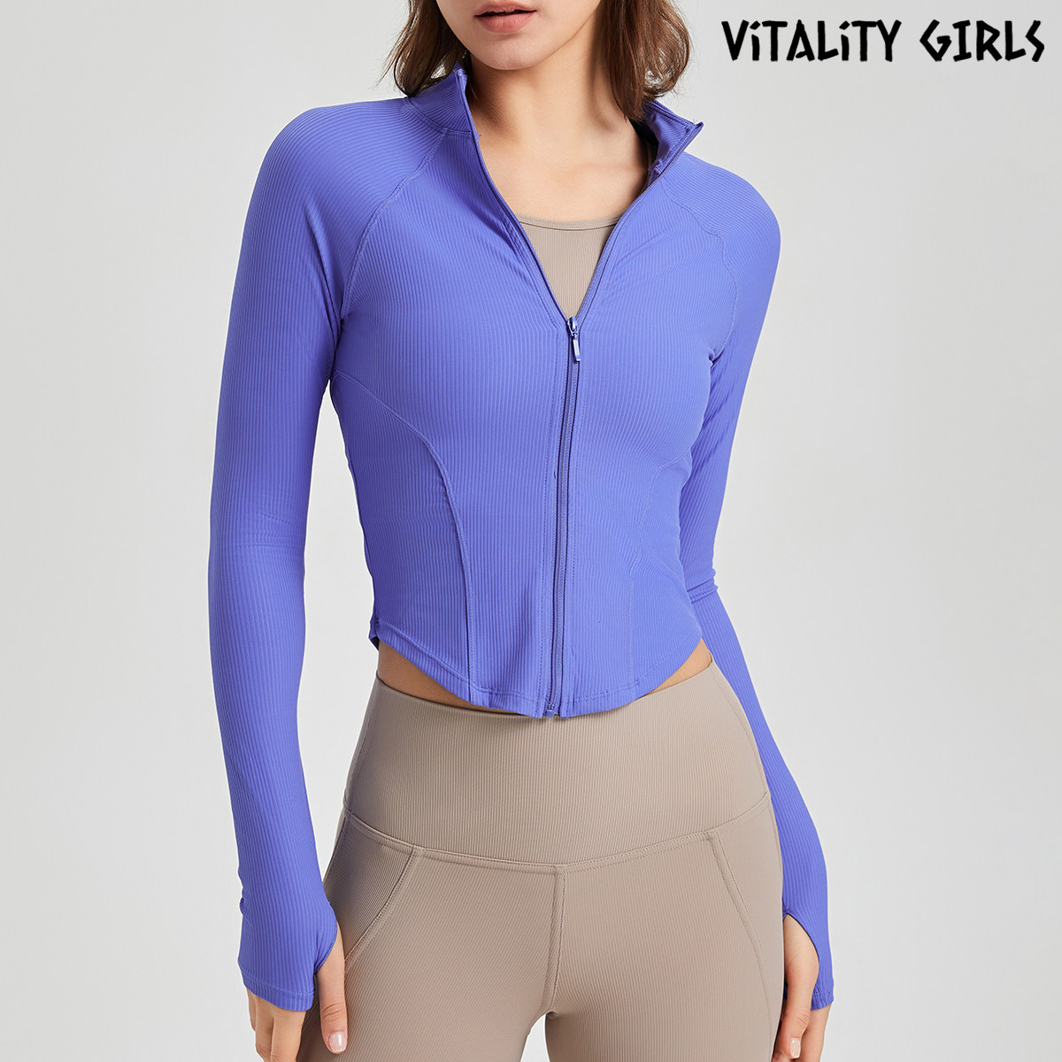 Vitality Girls螺纹速干瑜伽服外套女修身显瘦运动服开衫上衣长袖