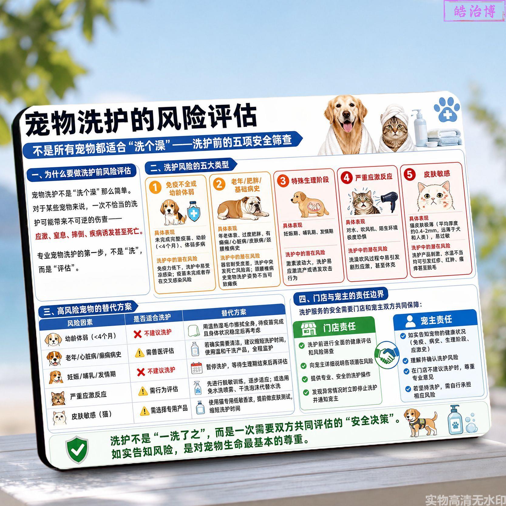 宠物洗护风险评估宠物美容店广告海报展示牌相框宠物洗护科普摆台