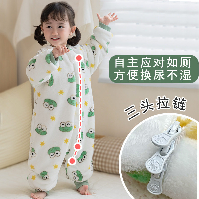 宝宝法兰绒睡袋冬季款双层加绒加厚儿童珊瑚绒分腿防踢被婴儿睡衣