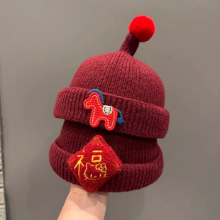 秋冬季保暖婴儿帽新年红色针织帽男女宝宝奶嘴尖顶毛线帽