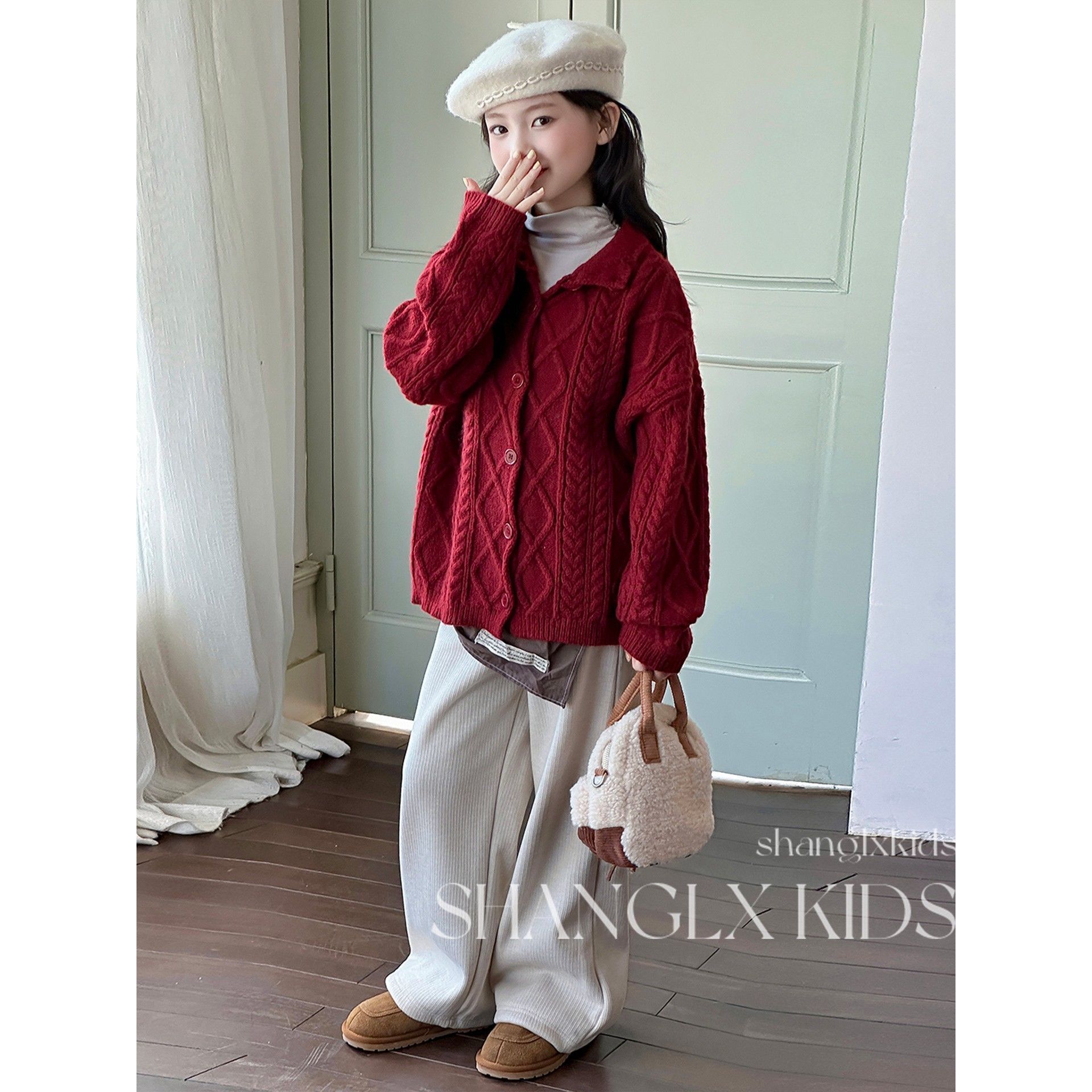 女童新年毛衣酒红色圣诞针织衫