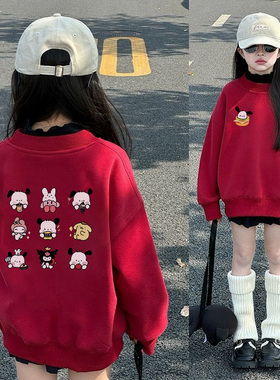 帕恰狗女童本命马年红色加绒卫衣中大童宝宝新年上衣洋气宽松春装