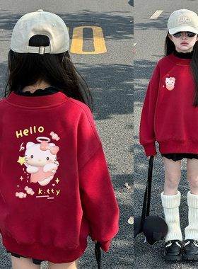 新年女童红色加绒卫衣中大童凯蒂猫本命洋气圆领上衣春秋时髦宽松