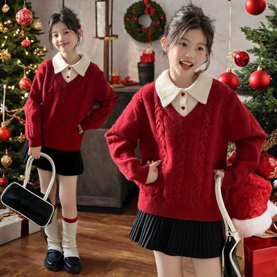 女童秋冬新款红色圣诞新年毛衣