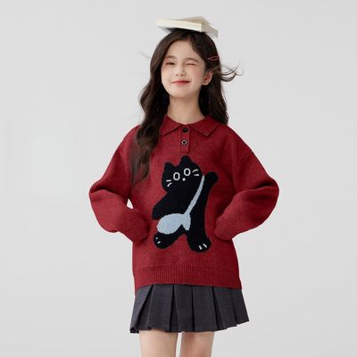女童新款POLO小猫卡通毛衣针织衫