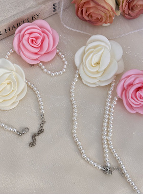 法式温柔缎面山茶花绑带项链颈链复古度假风甜美春夏新款个性气质