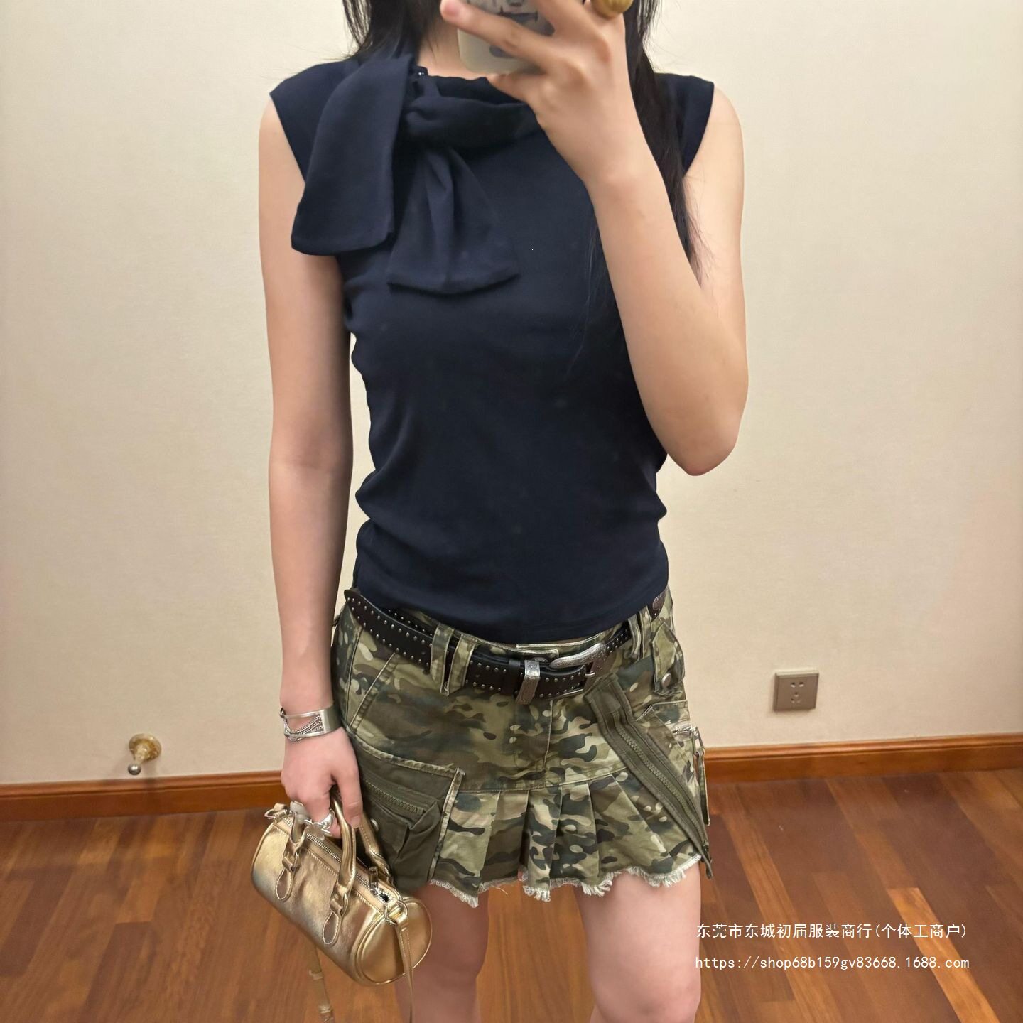 插肩袖高领系带藏青色背心女26夏季收腰显瘦无袖T恤