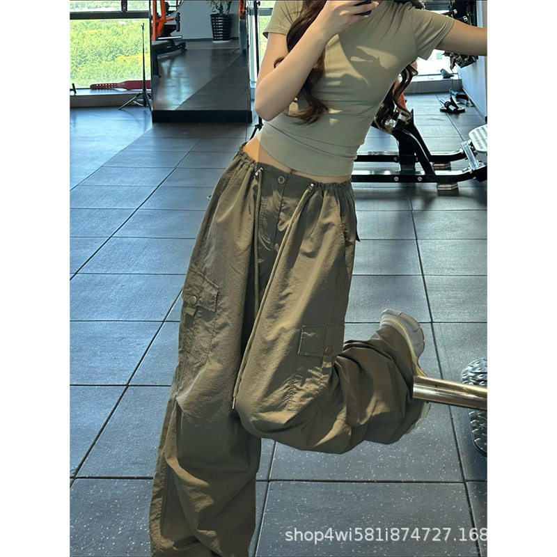 军绿色速干工装裤女夏季薄款又酷又飒高腰阔腿小个子美式登山裤子