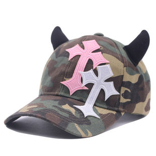 十字架帽子手工DIY恶魔十字架贴布刺绣迷彩牛角棒球帽男女可调节