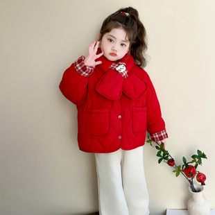 女童冬季格子两面穿棉衣2026新款洋气女宝kt猫夹棉加厚年服外套潮
