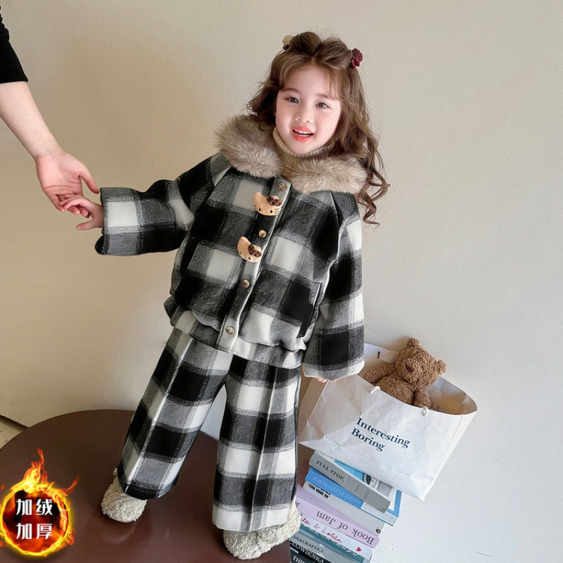 女童冬季卡通格纹套装2025新款女宝毛呢格子毛领上衣直筒裤两件套,户外/登山/野营/旅行用品,作训外套/套装/野战套装,淘宝优惠券,粉丝福利购,淘宝优惠卷