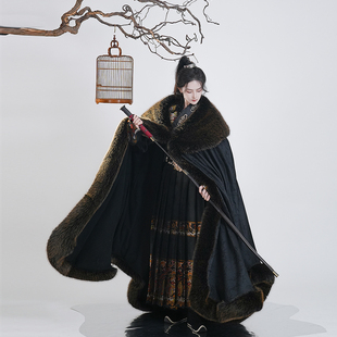 花貂 女 斜塘衣庄原创汉服披风加绒加厚长款 毛领斗篷国风汉服冬款