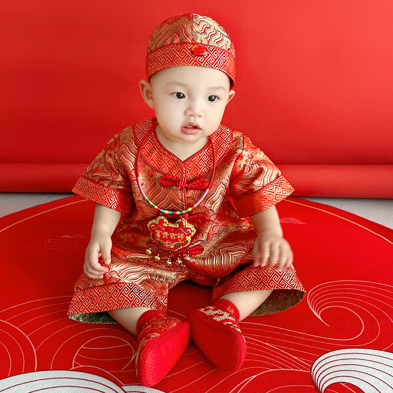 周岁礼服男宝中式抓周唐装男童一岁生日冠衣中国风汉服套装衣服夏