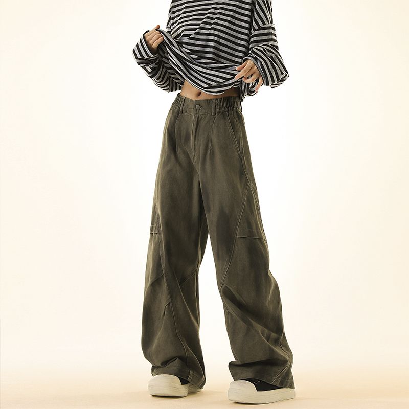 ORDERSTAGE美式复古水洗做旧弯刀工装裤女vintage宽松阔腿长裤潮