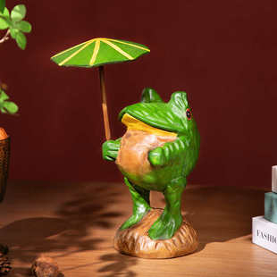 东南亚风全实木青蛙打伞桌面摆件玄关电视柜办公室装饰品客厅创意