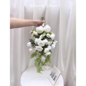 白绿韩式 手捧花瀑布形新娘花束仿真婚礼复古民国风拍照道具手捧花