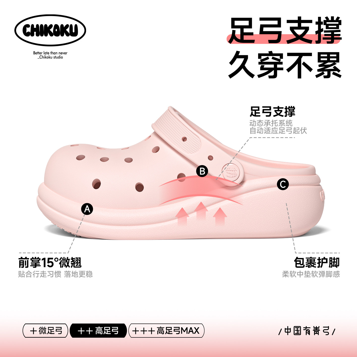 chikoku贝果洞洞鞋女新款足弓支撑居家4.5cm厚底增高情侣凉拖鞋男