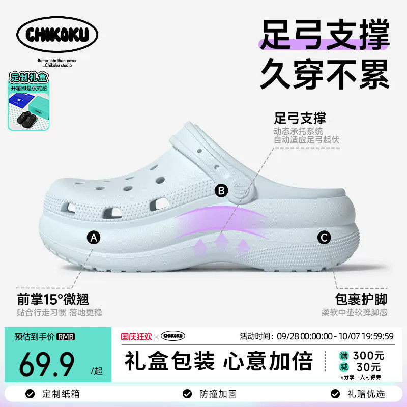chikoku麻薯洞洞鞋女款2026新款足弓支撑厚底防滑户外穿凉鞋情侣
