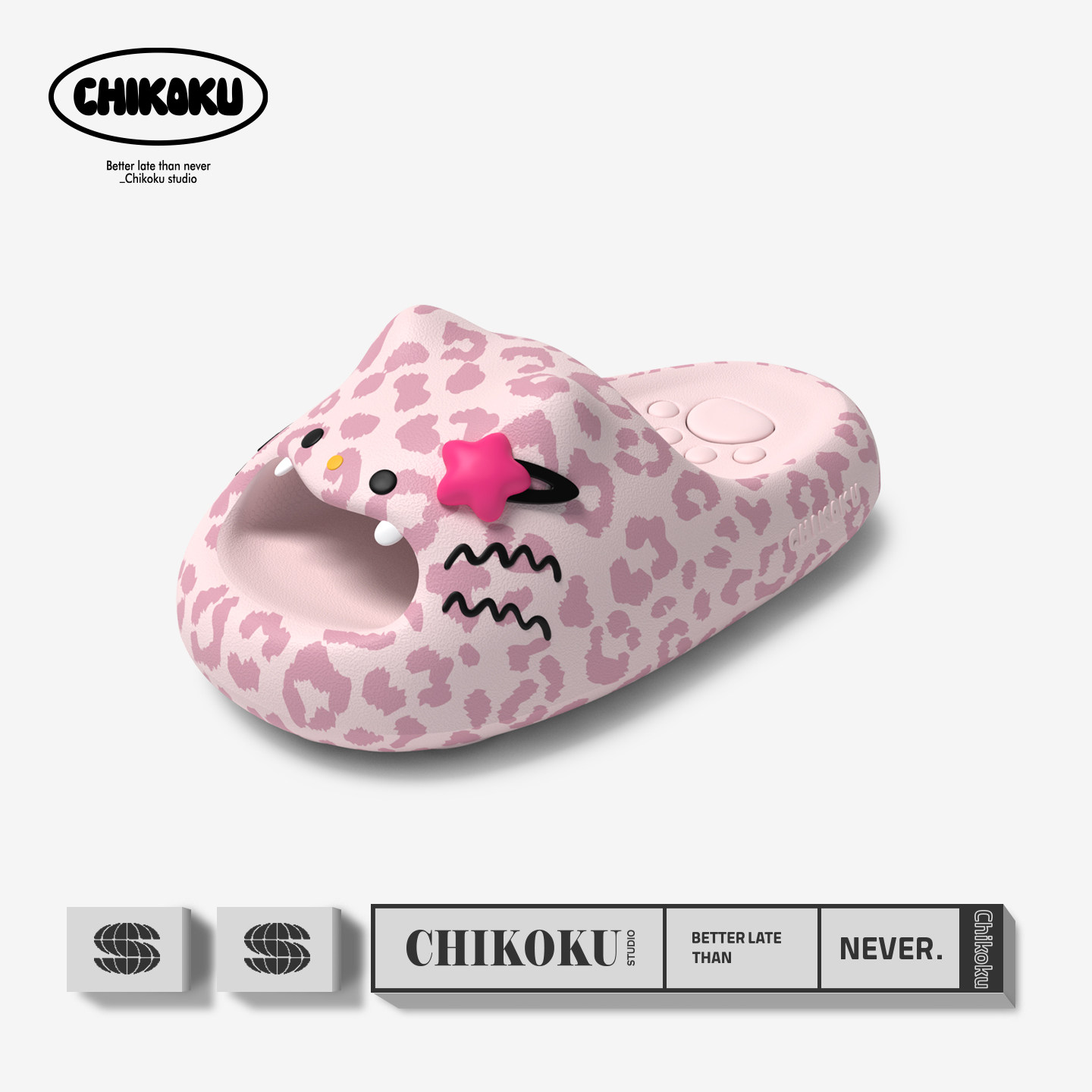chikoku粉黛斑小猫拖鞋女夏季居家厚底防滑足弓凉拖情侣静音抑菌