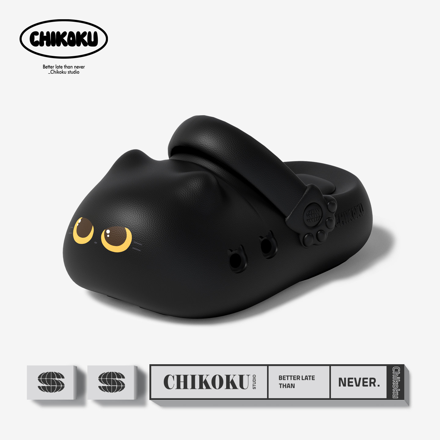 chikoku可爱黑色猫爪洞洞鞋女厚底勃肯半拖鞋外穿防滑沙滩凉拖鞋