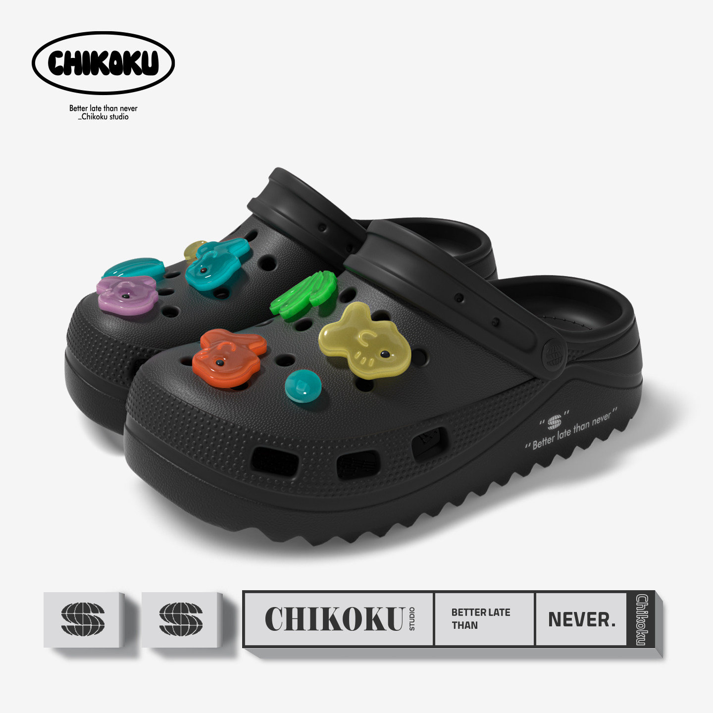 chikoku洞洞鞋女夏新款可爱卡通锦鲤鞋花厚底增高情侣外穿凉拖鞋