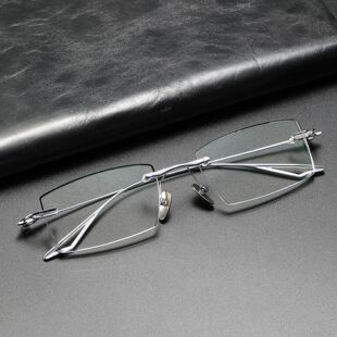 刀锋款无边框超轻纯钛近视黑边钻石切边眼镜男款可做度数防蓝光56