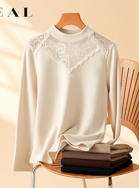 双面磨毛德绒打底衫女长袖秋冬2025新款蕾丝拼接保暖内搭加厚上衣