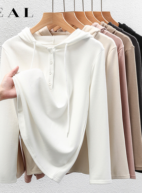 德绒打底衫女秋冬内搭双面磨毛加绒保暖上衣外穿白色连帽长袖卫衣