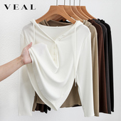 上衣 女春秋百搭白色长袖 连帽卫衣女2026年新款 内搭小众显瘦打底衫