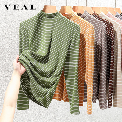 条纹打底衫女半高领长袖T恤春季