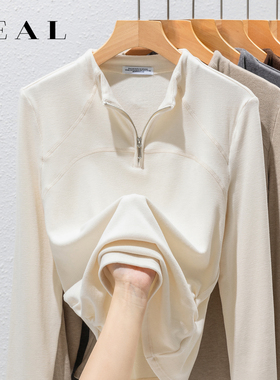 时尚半拉链德绒打底衫女秋冬季内搭收腰显瘦外穿百搭黑色长袖上衣