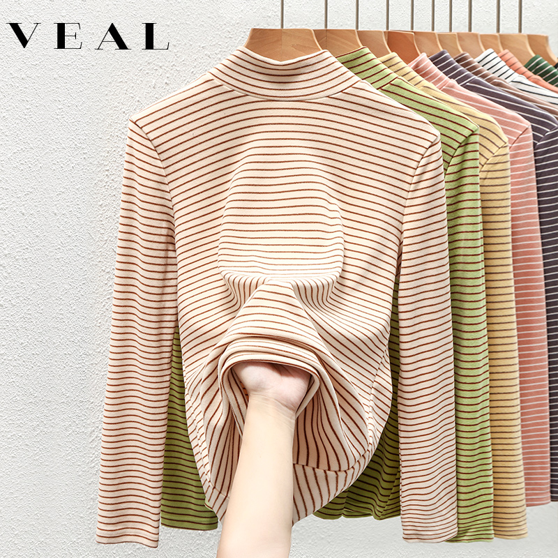 新款半高领条纹德绒打底衫女内搭