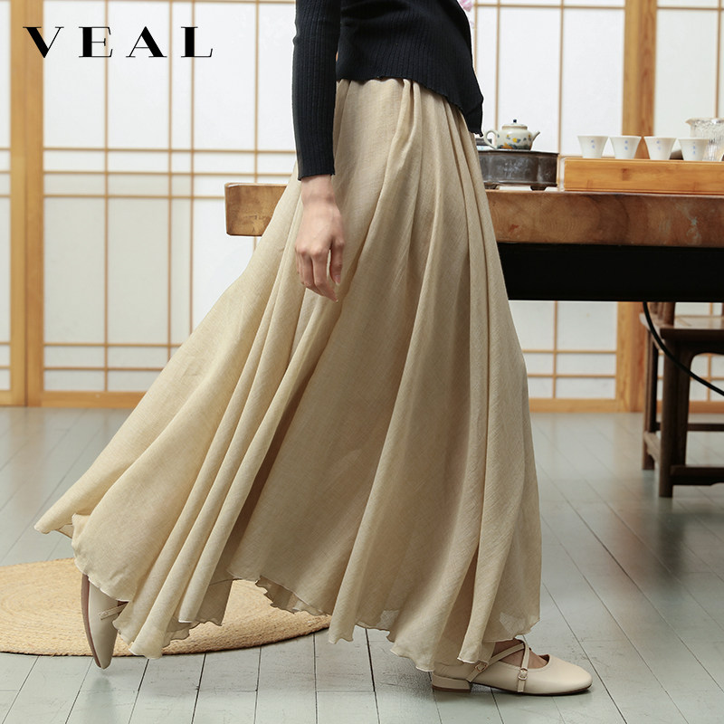 文艺复古棉麻半身裙女夏季新款高腰不规则大摆禅意中长款亚麻裙子