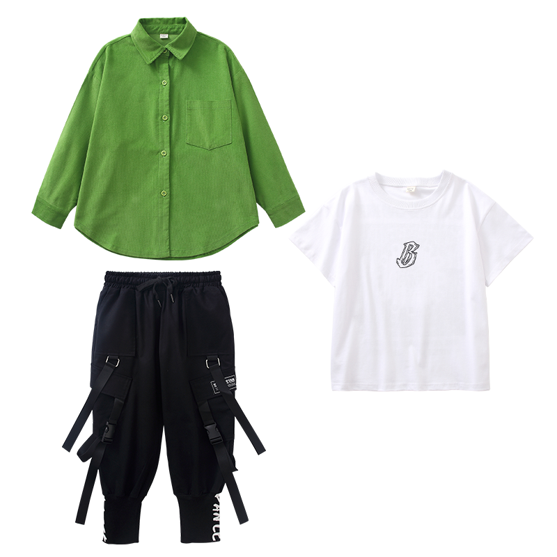 少儿hiphop演出服秋冬灯芯绒绿色衬衣外套男女童工装街舞嘻哈潮服