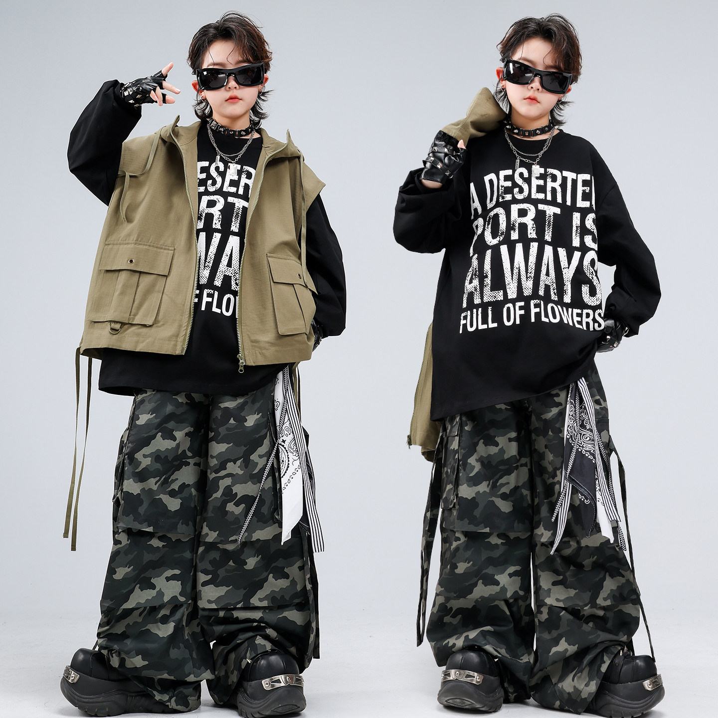 帅气男童hiphop潮服工装马甲港风套装嘻哈演出服装个性迷彩街舞服