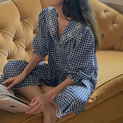 纯棉纱布娃娃领睡衣女春秋长袖日系简约格子清新女宽松家居服套装