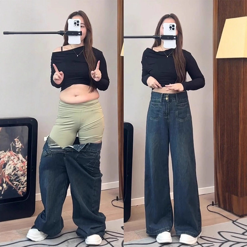 胖mm牛仔裤女大码显瘦长裤春款新款美式复古高腰垂感宽松阔腿裤
