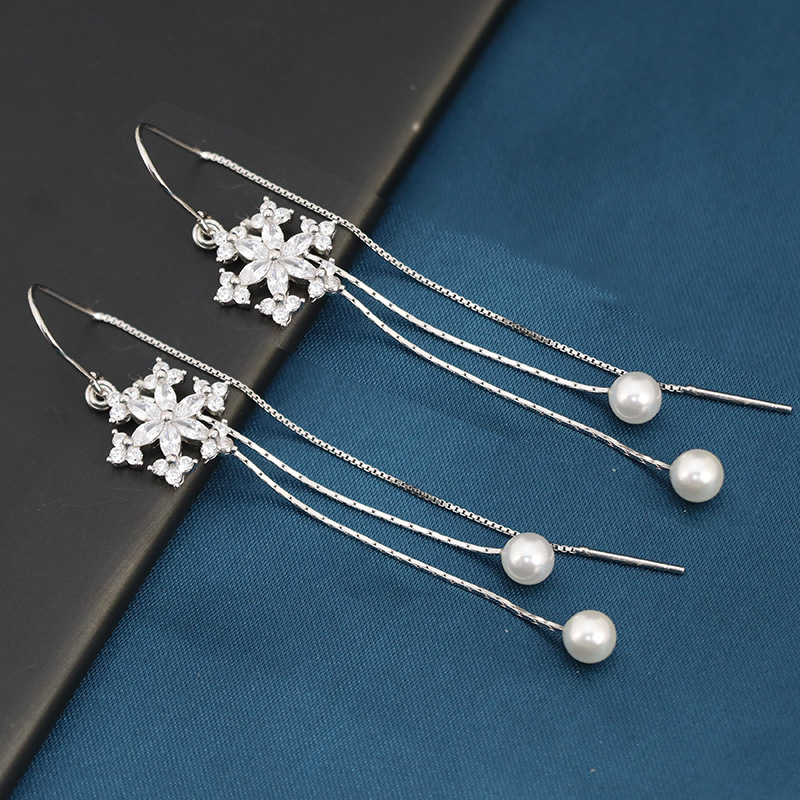 S925纯银耳线雪花轻奢珍珠耳环时尚流苏长款高级感显瘦欧美风耳饰