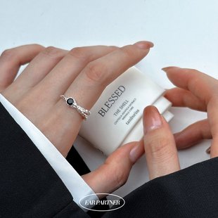 指环 925纯银复古黑色锆石戒指开口女可调节食指戒小众设计感个性
