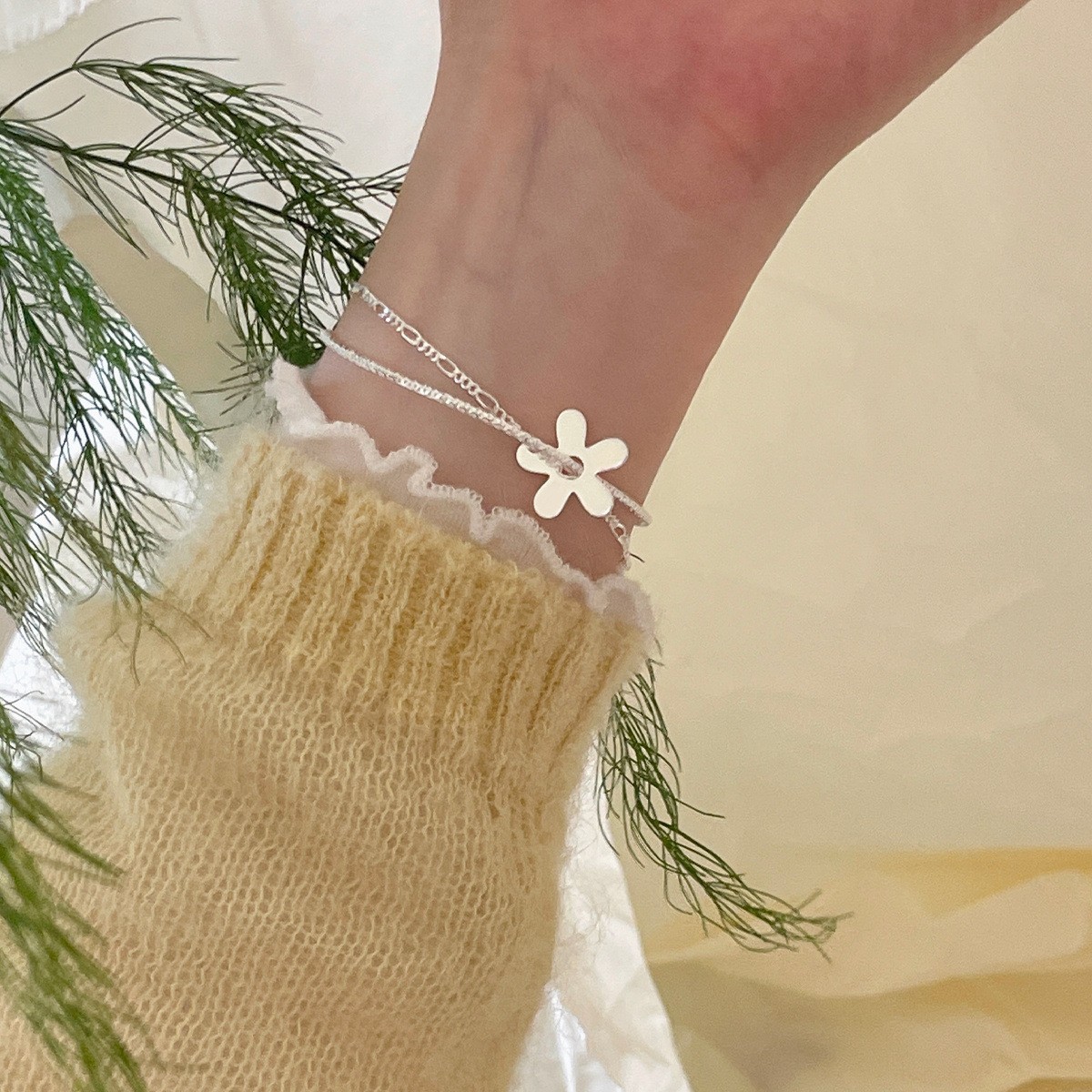 韩版叠戴双层花朵手链女森系小清新纯银手饰小众简约个性设计饰品