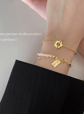 巴洛克珍珠手链S925纯银女LUCKY字母小花朵OT扣小众设计ins手饰品