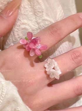 紫罗兰花朵戒指女生早春2025新款韩系食指戒弹力串珠闺蜜叠戴指环