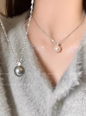 单颗灰色珍珠锆石吊坠项链女秋冬小众高级感锁骨链简约颈链配饰品