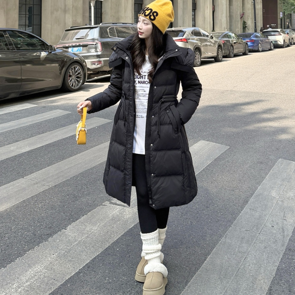 2025冬季新款韩版可拆卸帽子收腰显瘦厚款外套中长款过膝羽绒服女