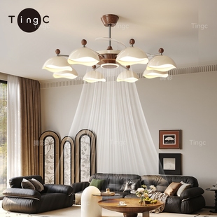 客厅风扇吊灯中古风2025年新款法灯式奶油风餐厅卧室一体隐形吊扇