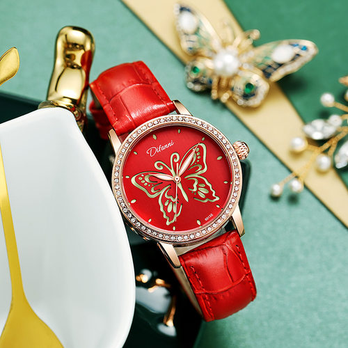 2025狄凡尼女士全自动机械表蝴蝶夜光机械表防水真皮精钢表带手表