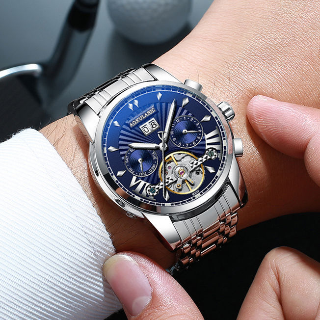 奥古拉斯2025新款全自动机械表男士手表精钢带双表带镂空腕表男表